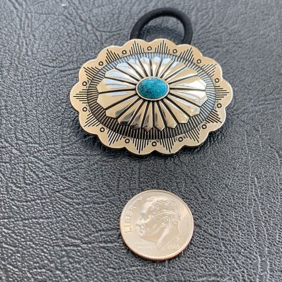 Western Concho Ponytail Holder with Faux Turquoise Sunburst Repoussé Hair Tie - Picture 8 of 9